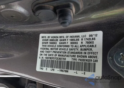 2012 Honda Civic Lx from USA, damaged, VIN 19XFB2F57CE362793